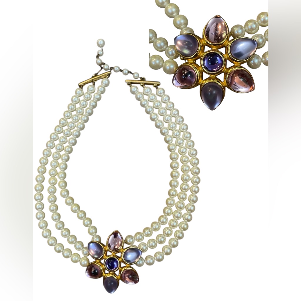 Vintage Marvella Pearl Necklace With Gold And Purple Flower Pendant Cabochon 45$